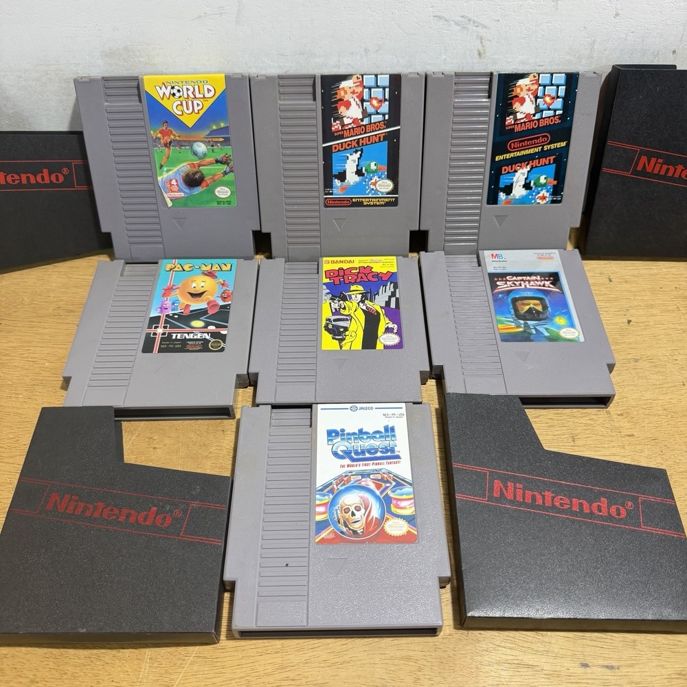 Nintendo NES 7 Game Lot Mario Duck Hunt Pac-Man Dick Tracy World Cup Tested
